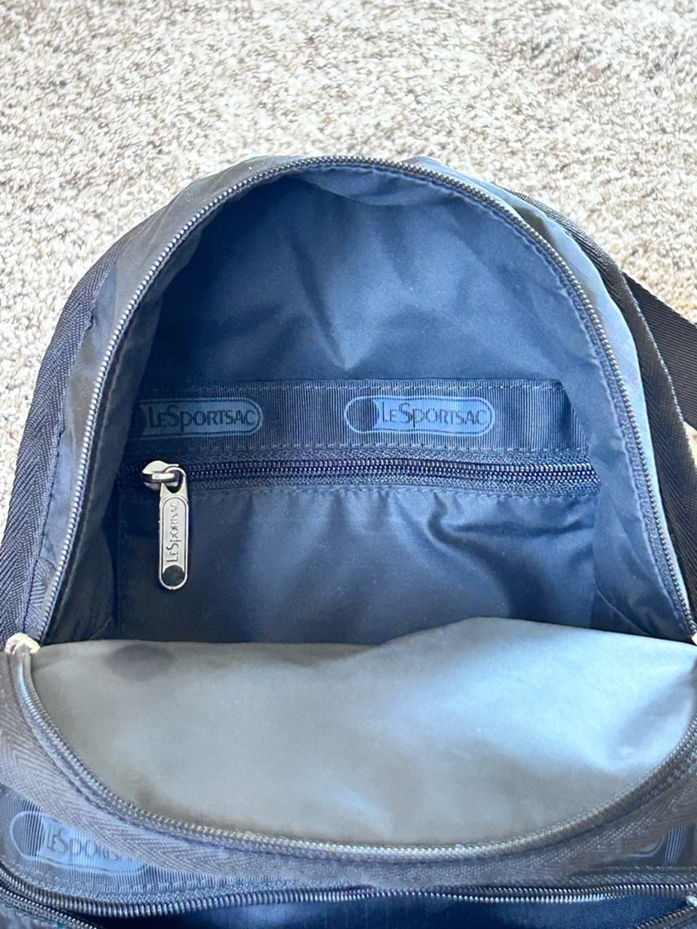 Lesportsac Route Black Nylon Mini Backpack with Front Zip Pocket 9” x 6” 10”
